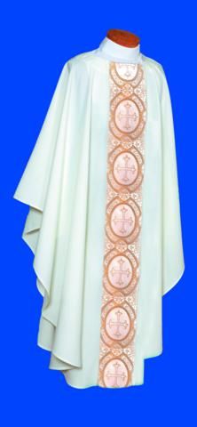 #2040 Chasuble Tailored a white linen-weave polyester gold